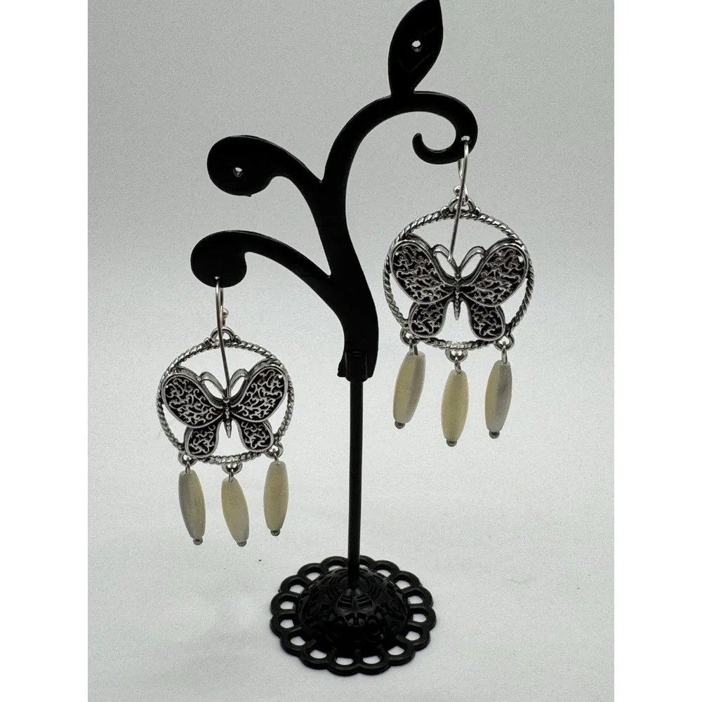 Vintage Butterfly‎ Silver And Mother of Pearl Earrings